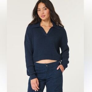 Hollister Easy Stitchy Blue Knit Polo Sweater Cropped & Oversized